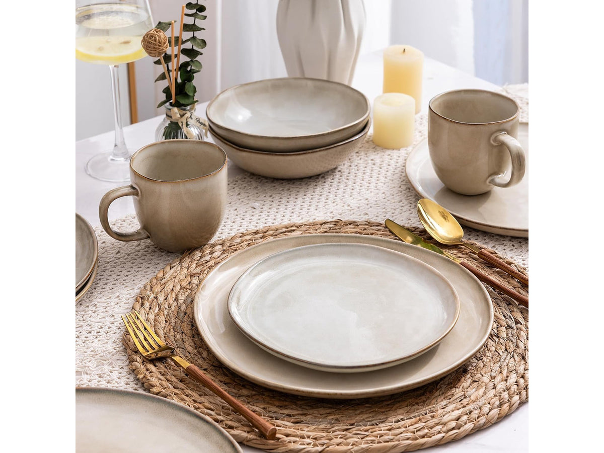 12-Piece Ceramic Dinnerware Set for 4, Natural Glaze Unique Plates and Bowls Set, High Temperature Fired Chip Resistant Tableware, Microwave Dishwasher Freezer Safe Rustic Kitchen Dishes