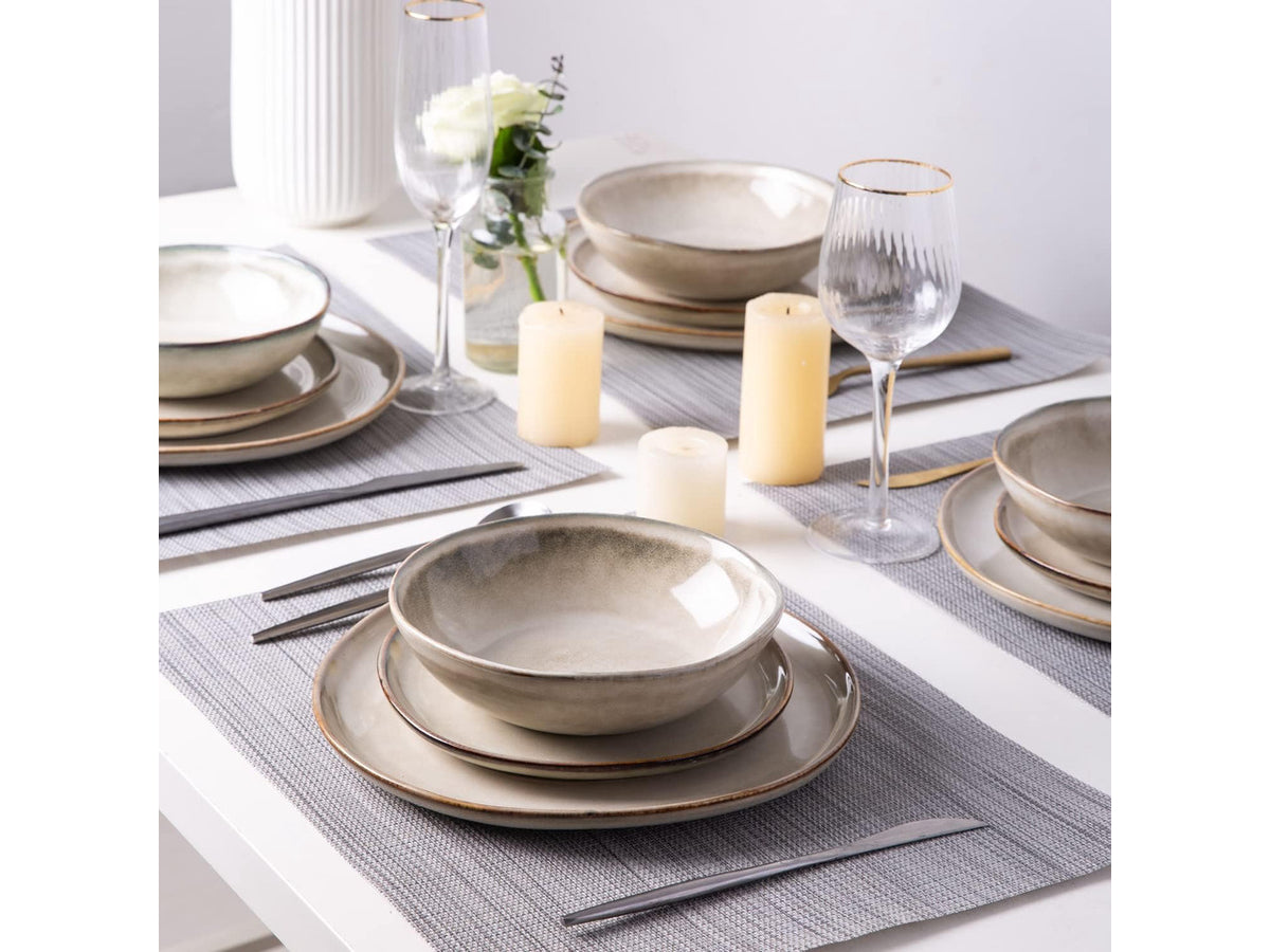 12-Piece Ceramic Dinnerware Set for 4, Natural Glaze Unique Plates and Bowls Set, High Temperature Fired Chip Resistant Tableware, Microwave Dishwasher Freezer Safe Rustic Kitchen Dishes