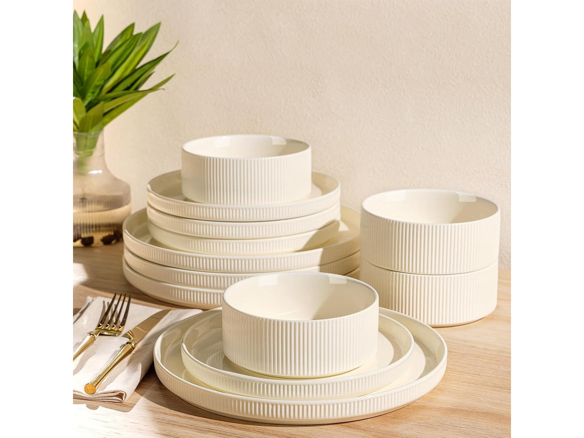 12-Piece Ceramic Dinnerware Set for 4, Double Reactive Glaze Plates and Bowls Set, High Temperature Fired Durable Tableware, Stackable Design, Oven Microwave Dishwasher Safe Rustic Home Dining Dishes