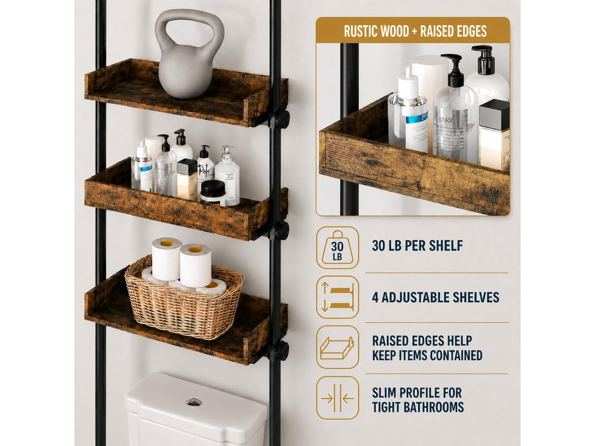 Tension Over The Toilet Storage Cabinet, No-Drill, Fits 92-116 in. | 4 Height-Adjustable Shelves for Bathroom Organizers, Fits Narrow Toilet Spaces, Slim Design Leaves Room for Plumbing, Brown