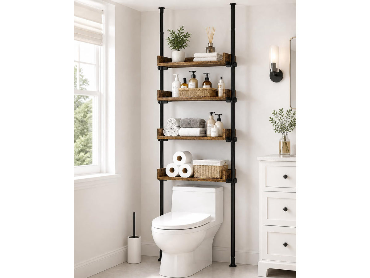 Tension Over The Toilet Storage Cabinet, No-Drill, Fits 92-116 in. | 4 Height-Adjustable Shelves for Bathroom Organizers, Fits Narrow Toilet Spaces, Slim Design Leaves Room for Plumbing, Brown