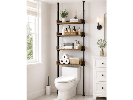 Tension Over The Toilet Storage Cabinet, No-Drill, Fits 92-116 in. | 4 Height-Adjustable Shelves for Bathroom Organizers, Fits Narrow Toilet Spaces, Slim Design Leaves Room for Plumbing, Brown