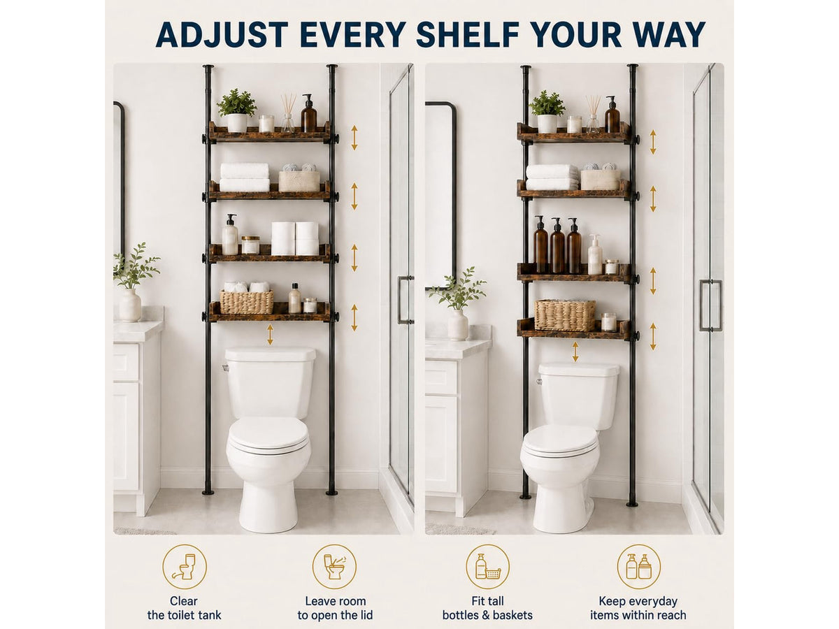Tension Over The Toilet Storage Cabinet, No-Drill, Fits 92-116 in. | 4 Height-Adjustable Shelves for Bathroom Organizers, Fits Narrow Toilet Spaces, Slim Design Leaves Room for Plumbing, Brown