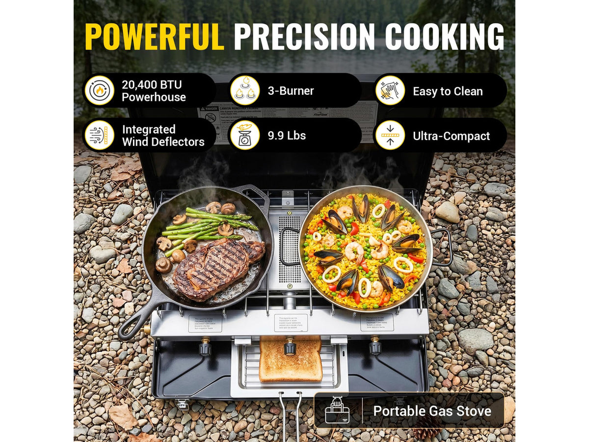 Camping Stove, Propane Portable Camp Stove, 20400BTU-3 Burners | With Toaster & Regulator, Push-Button Instant Ignition, Adjustable Burners, Wind Guards, For Car BBQ Outdoor Camping Cooking