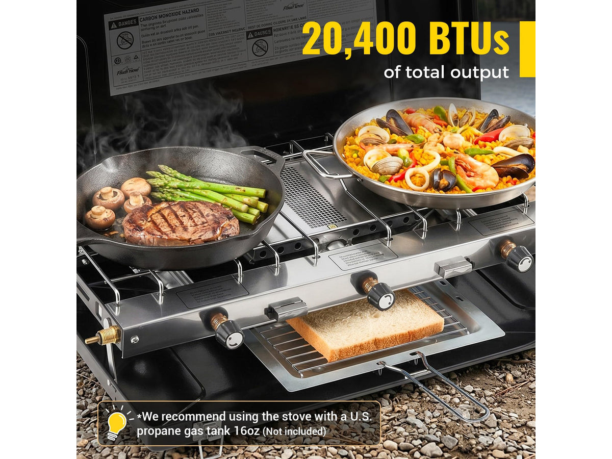 Camping Stove, Propane Portable Camp Stove, 20400BTU-3 Burners | With Toaster & Regulator, Push-Button Instant Ignition, Adjustable Burners, Wind Guards, For Car BBQ Outdoor Camping Cooking