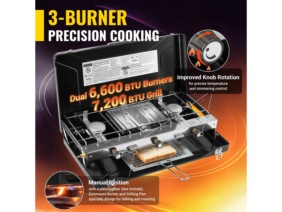 Camping Stove, Propane Portable Camp Stove, 20400BTU-3 Burners | With Toaster & Regulator, Push-Button Instant Ignition, Adjustable Burners, Wind Guards, For Car BBQ Outdoor Camping Cooking