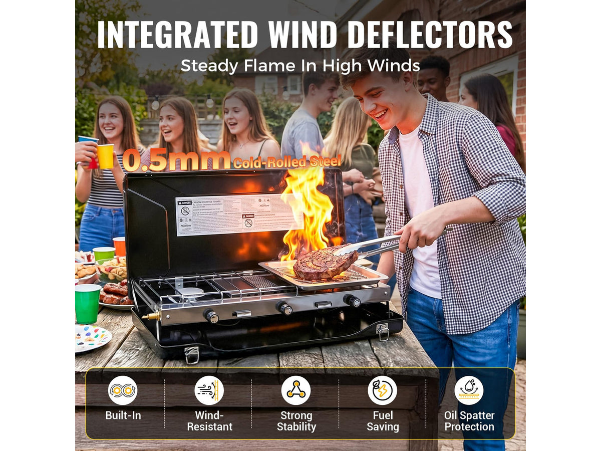 Camping Stove, Propane Portable Camp Stove, 20400BTU-3 Burners | With Toaster & Regulator, Push-Button Instant Ignition, Adjustable Burners, Wind Guards, For Car BBQ Outdoor Camping Cooking