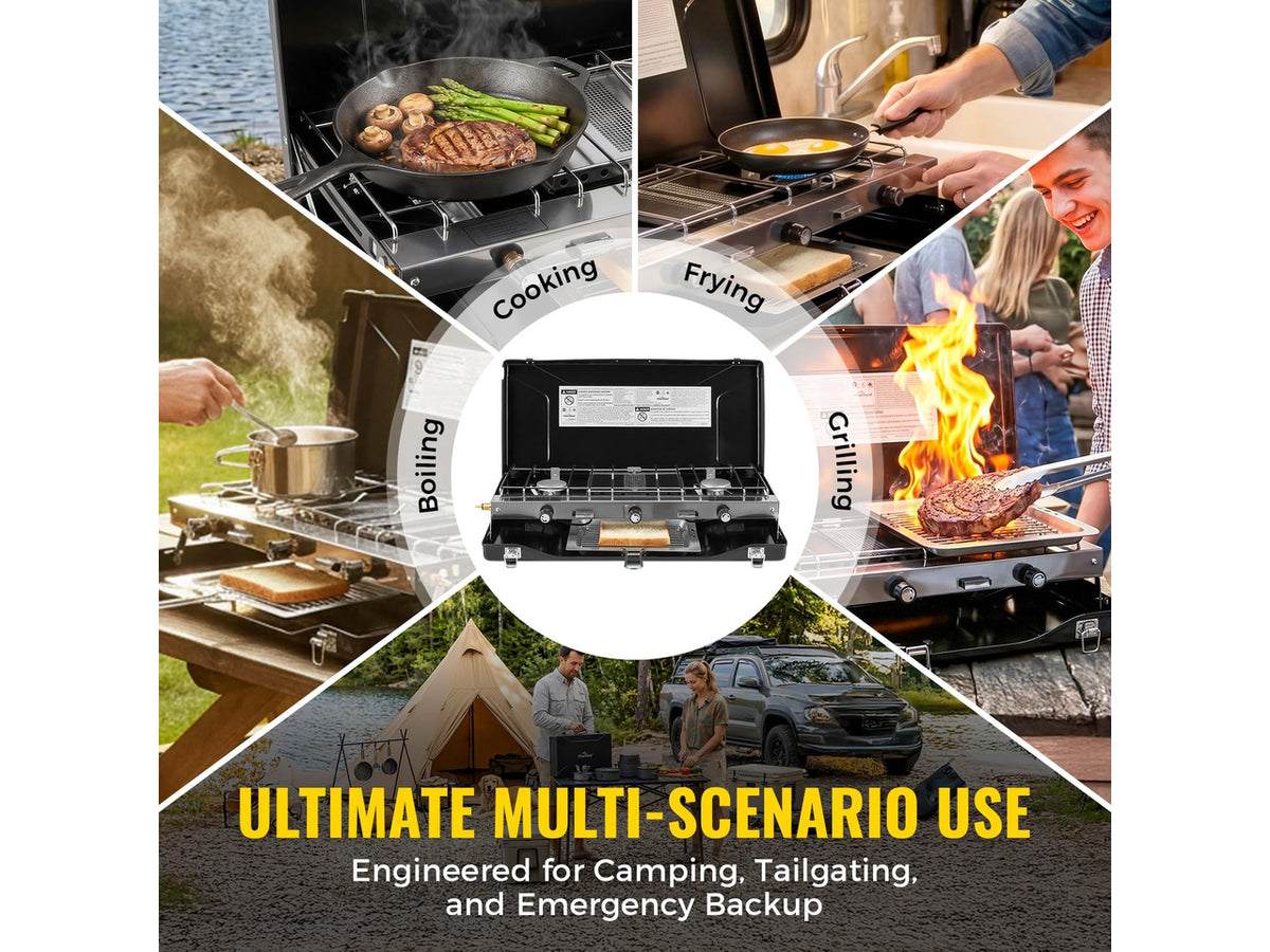 Camping Stove, Propane Portable Camp Stove, 20400BTU-3 Burners | With Toaster & Regulator, Push-Button Instant Ignition, Adjustable Burners, Wind Guards, For Car BBQ Outdoor Camping Cooking