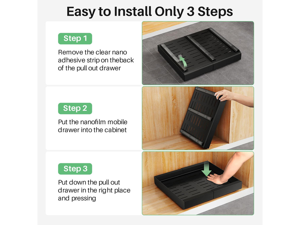 2 Pack Pull out Cabinet Organizer, Expandable(12"-20") Heavy Duty Slide out Drawer Fixed with Adhesive Nano Film for Pots, Roll out Shelf Storage for Kitchen Organization, Pantry, Bathroom(Black)