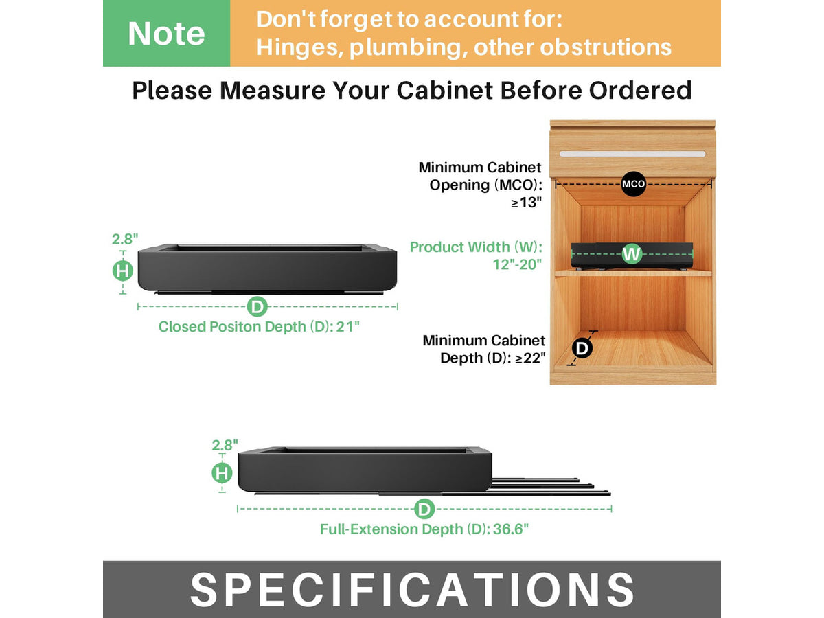 2 Pack Pull out Cabinet Organizer, Expandable(12"-20") Heavy Duty Slide out Drawer Fixed with Adhesive Nano Film for Pots, Roll out Shelf Storage for Kitchen Organization, Pantry, Bathroom(Black)
