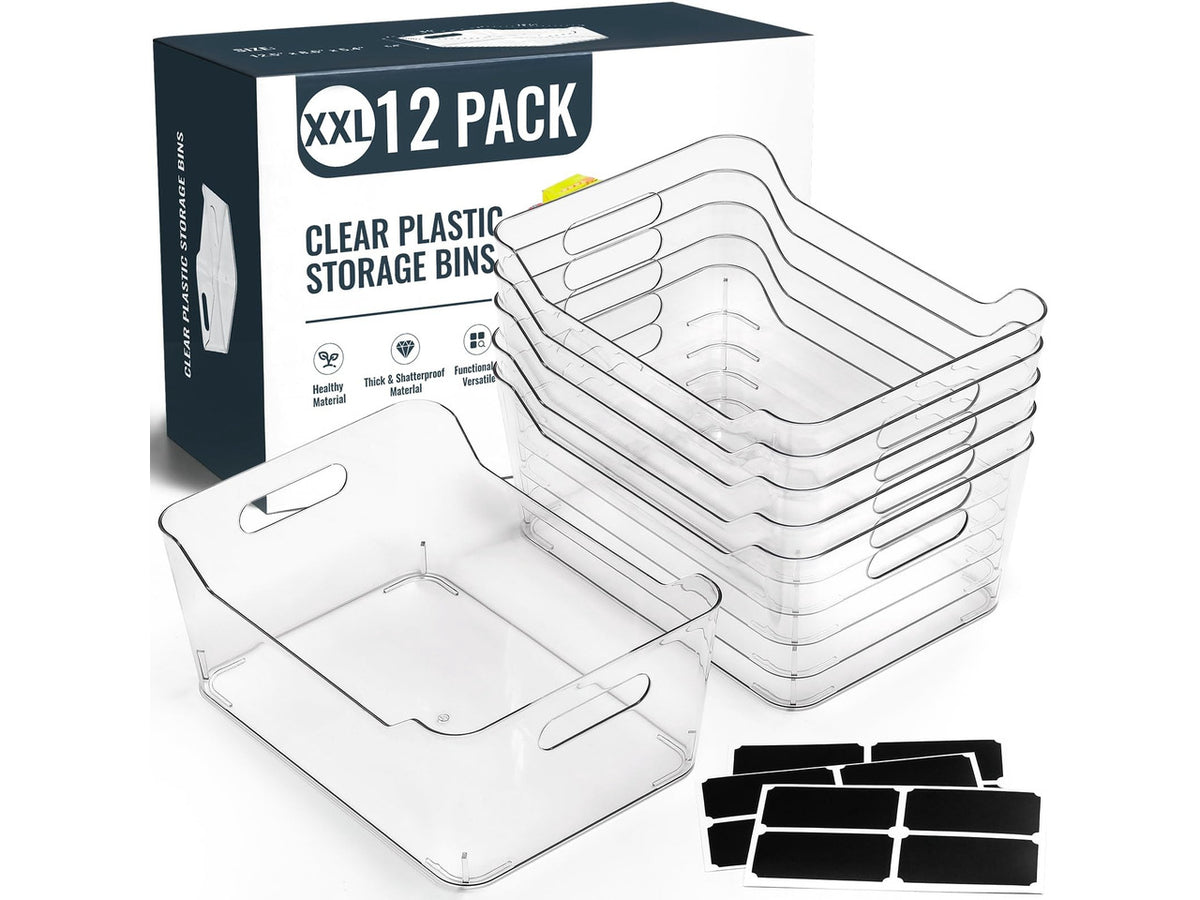 12 PACK Multi-Use Clear Plastic Storage Bins for Organizing w/ Labels - Home, Kitchen, Pantry, Bathroom, Office, Cabinet Shelf Organizer Bins - SOHO Collection, RV, Fridge Organization Containers -XXL