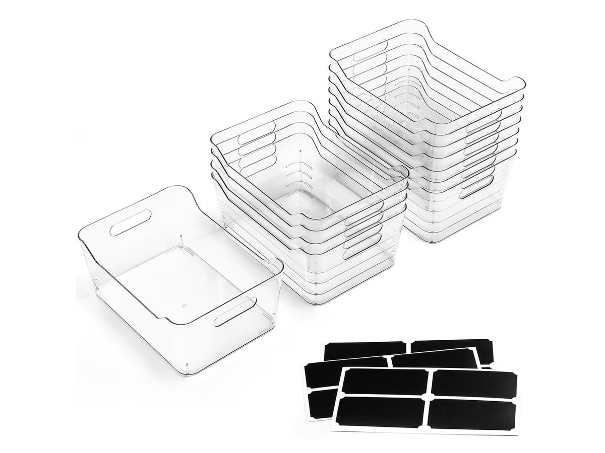 12 PACK Multi-Use Clear Plastic Storage Bins for Organizing w/ Labels - Home, Kitchen, Pantry, Bathroom, Office, Cabinet Shelf Organizer Bins - SOHO Collection, RV, Fridge Organization Containers -XXL
