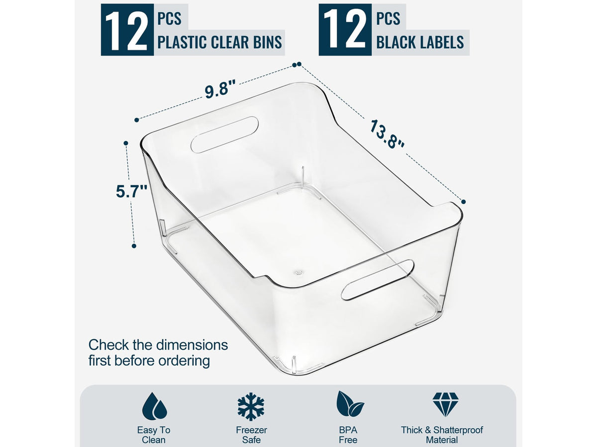 12 PACK Multi-Use Clear Plastic Storage Bins for Organizing w/ Labels - Home, Kitchen, Pantry, Bathroom, Office, Cabinet Shelf Organizer Bins - SOHO Collection, RV, Fridge Organization Containers -XXL