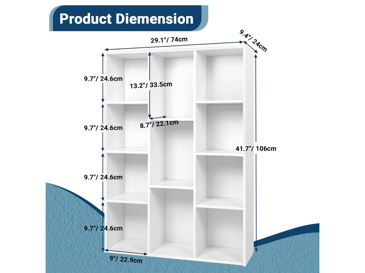 11 Cube Storage Organizer, 4 Tier Stackable Bookcase, Open Storage Display Bookshelf, Storage Cabinet for Living Room, Bedroom, Home, Office, 29.1" L x 9.4" W x 41.7" H, White