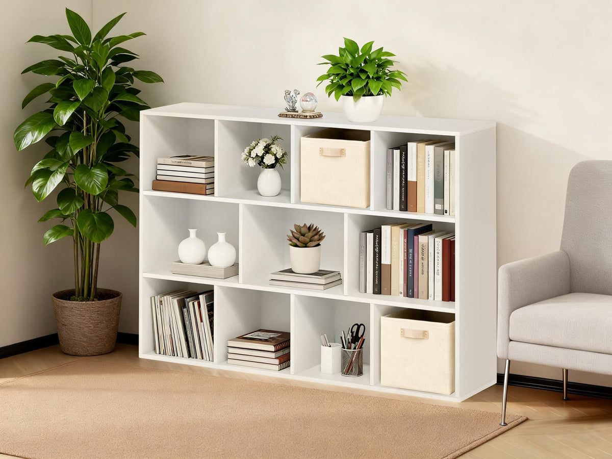 11 Cube Storage Organizer, 4 Tier Stackable Bookcase, Open Storage Display Bookshelf, Storage Cabinet for Living Room, Bedroom, Home, Office, 29.1" L x 9.4" W x 41.7" H, White