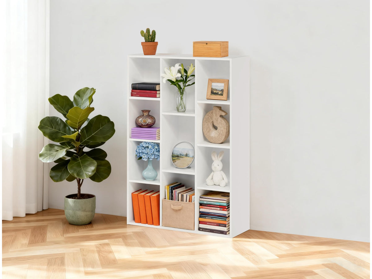 11 Cube Storage Organizer, 4 Tier Stackable Bookcase, Open Storage Display Bookshelf, Storage Cabinet for Living Room, Bedroom, Home, Office, 29.1" L x 9.4" W x 41.7" H, White
