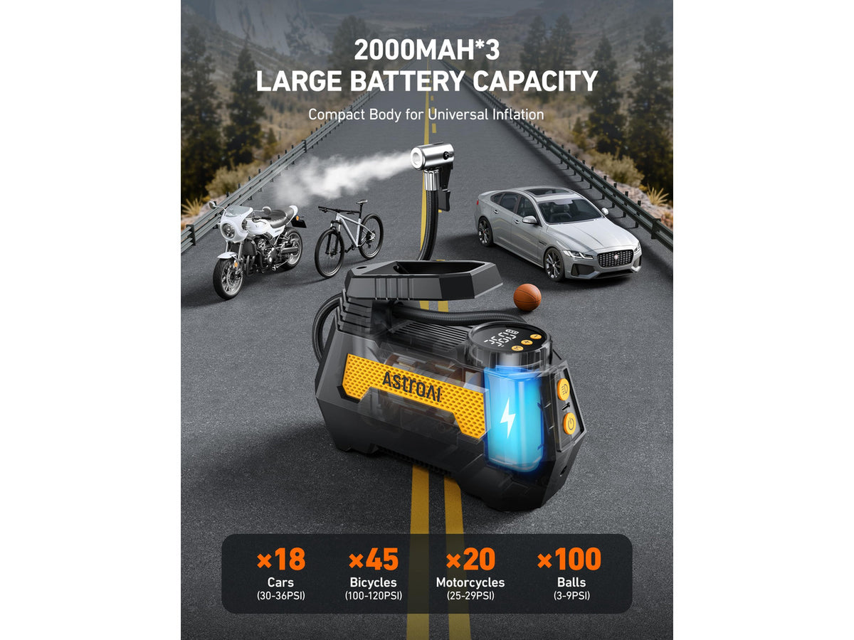 H2 Pro Cordless Tire Inflator Portable Air Compressor 12VDC Battery | Dual Power Supply Auto Shut-Off Digital Pressure Gauge Fast Inflation Air Pump for Cars Motorcycles Bikes Ball Gift Yellow