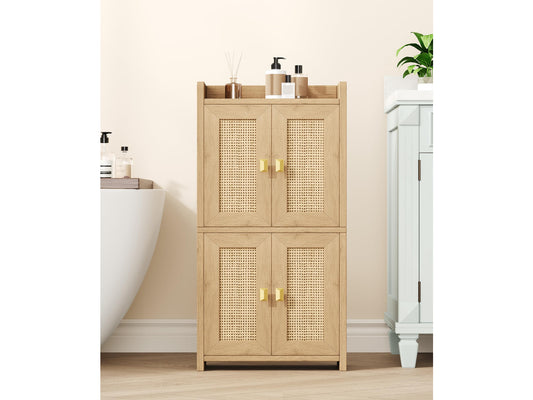 15" Rattan Small Bathroom Cabinet 4 Doors Adjustable Shelf Oak Bathroom Organizer and Storage, Toilet Paper Floor Cabinet for Small Space