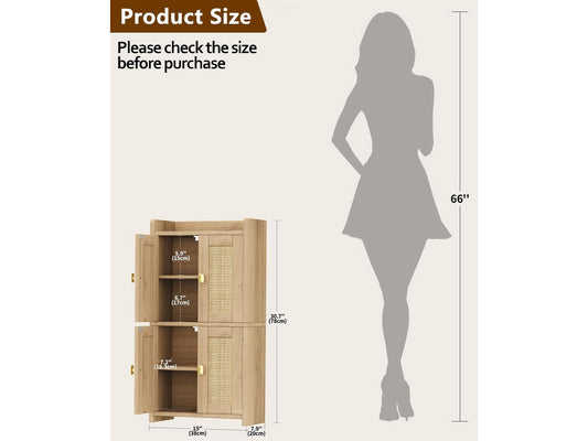 15" Rattan Small Bathroom Cabinet 4 Doors Adjustable Shelf Oak Bathroom Organizer and Storage, Toilet Paper Floor Cabinet for Small Space