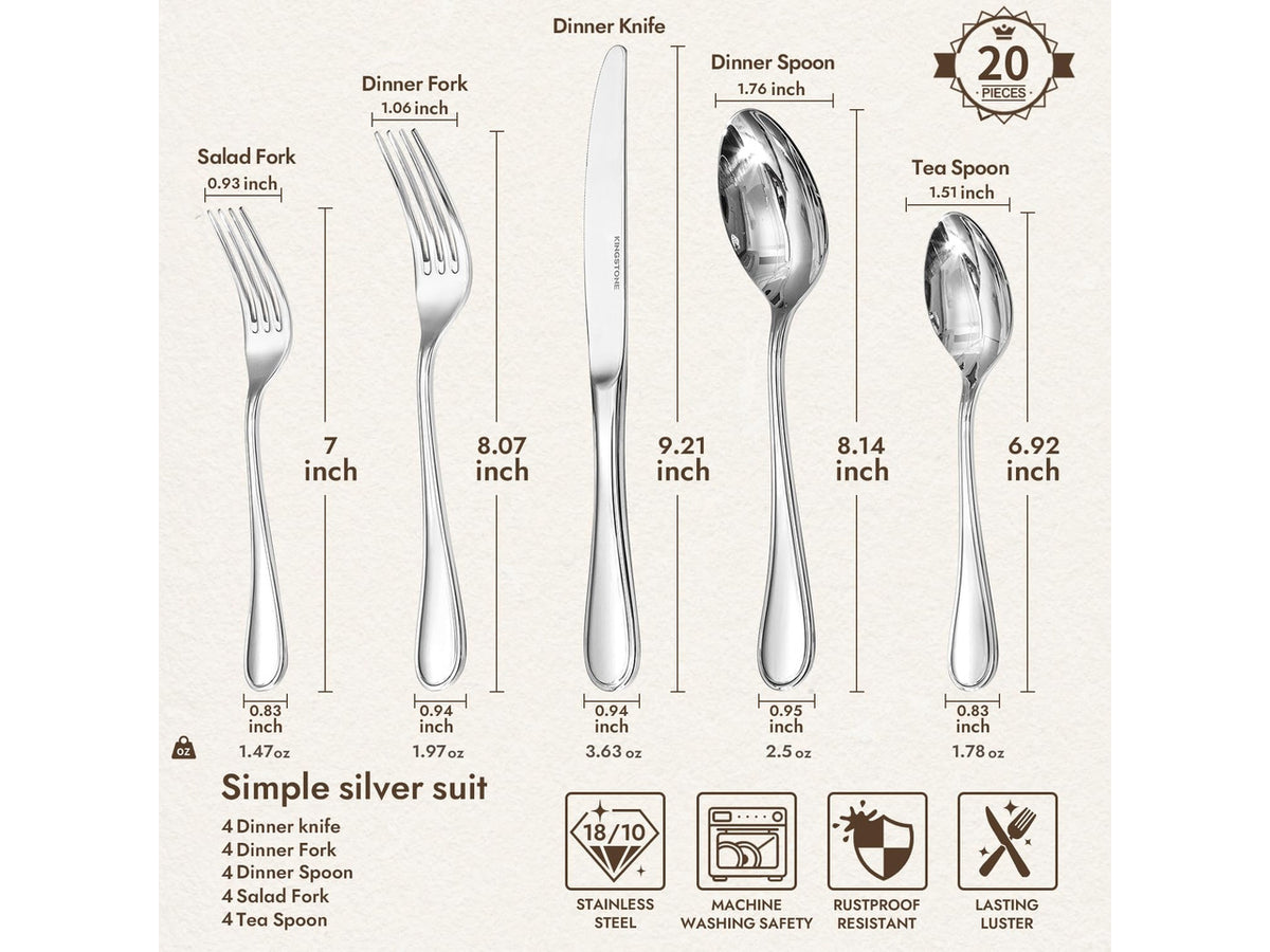 18/10 Stainless Steel Silverware Set for 4, 20 Piece Teardrop Flatware Set