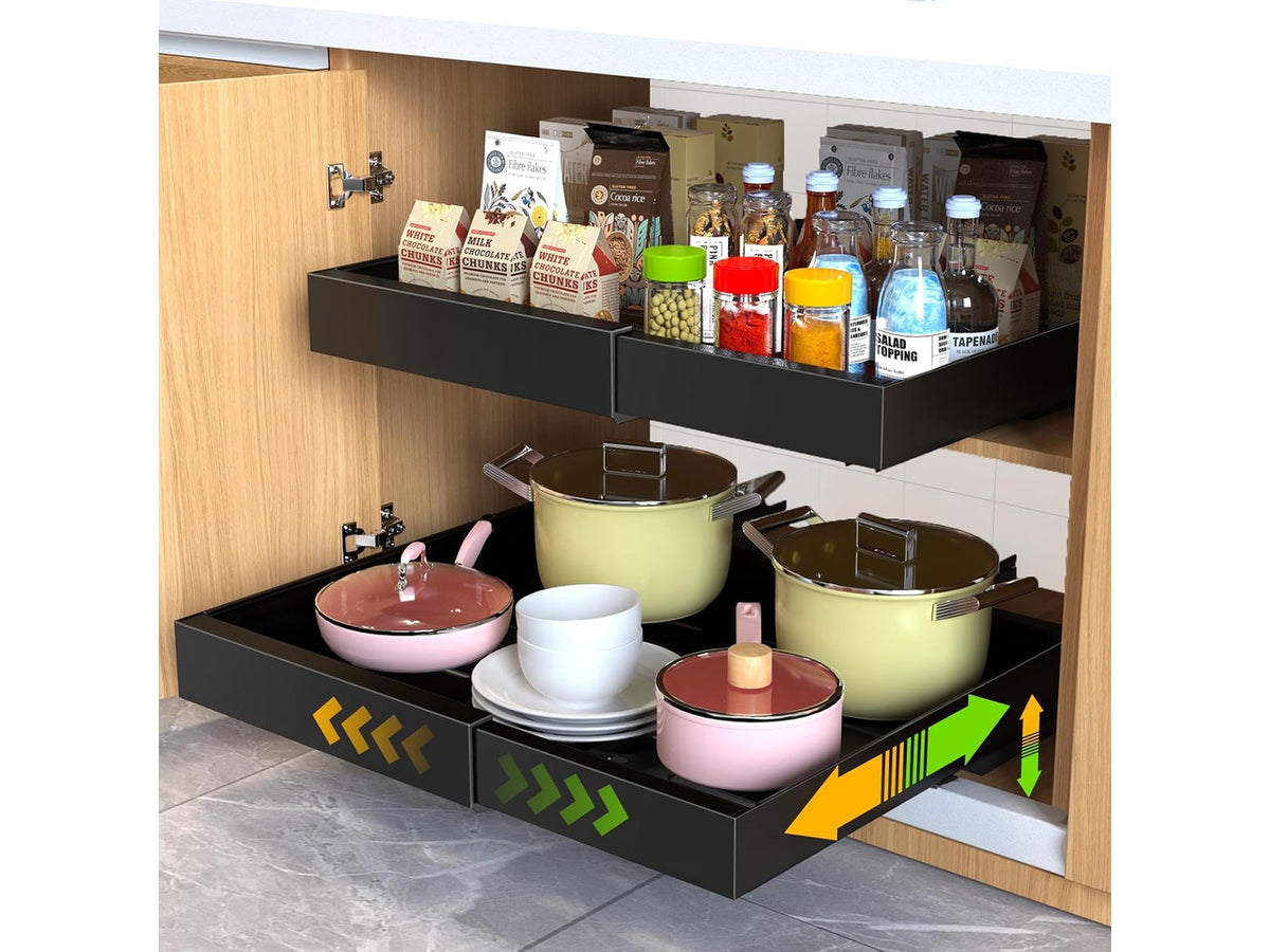 2 Pack Pull Out Cabinet Organizer,21" Deep Slide Out Drawer Organizers,No Drill Pull Out Drawers Adhesive with Nano Compatible Framed Cabinets Shelves for Kitchen Pantry Adjustable Width