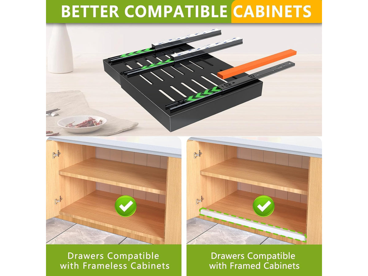 2 Pack Pull Out Cabinet Organizer,21" Deep Slide Out Drawer Organizers,No Drill Pull Out Drawers Adhesive with Nano Compatible Framed Cabinets Shelves for Kitchen Pantry Adjustable Width