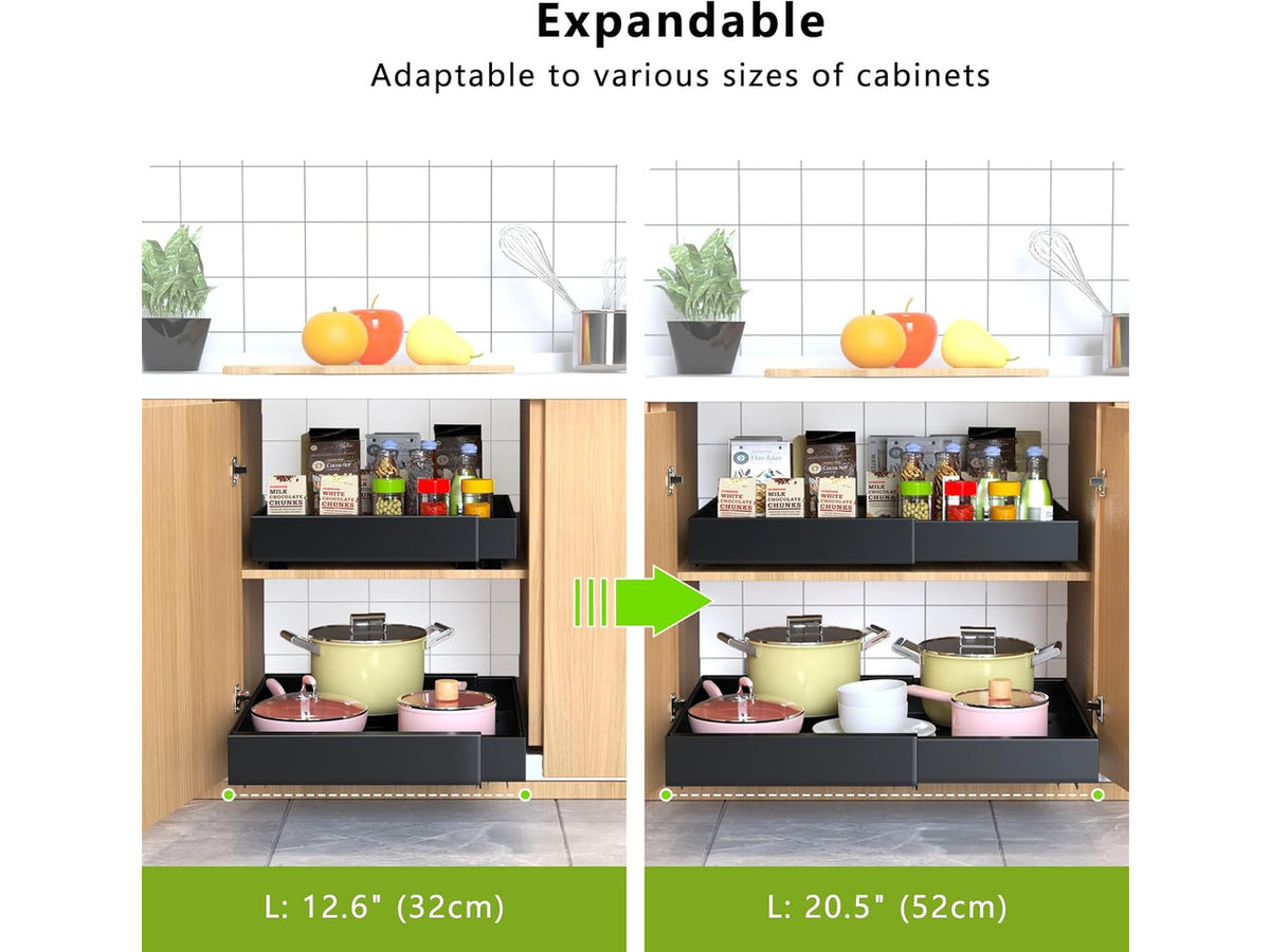 2 Pack Pull Out Cabinet Organizer,21" Deep Slide Out Drawer Organizers,No Drill Pull Out Drawers Adhesive with Nano Compatible Framed Cabinets Shelves for Kitchen Pantry Adjustable Width