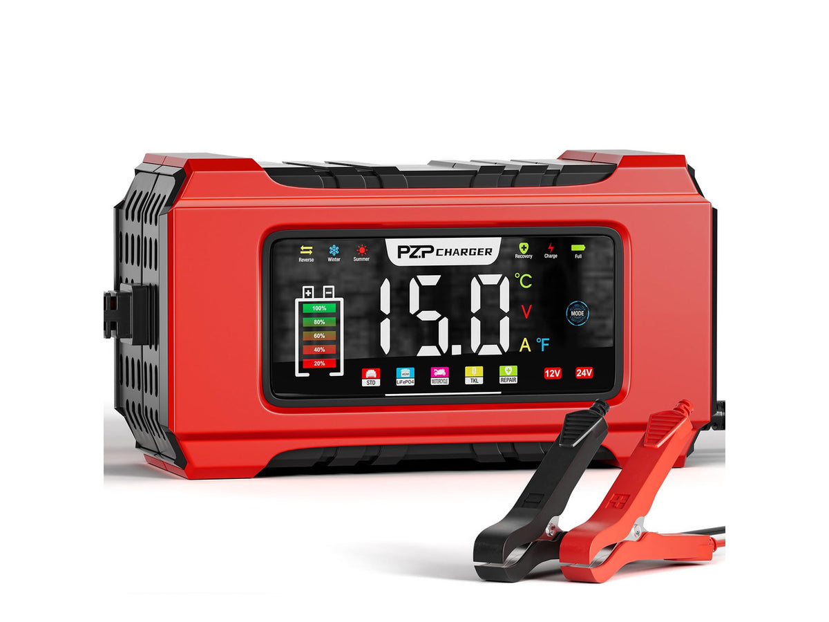 15-Amp 12V/24V Smart Battery Charger, Maintainer & Trickle Charger for LiFePO4, Lead Acid Batteries - Fully Automatic 9-Stage Charging w/Temp Compensation for Motorcycle Car Truck Lawnmower Boat