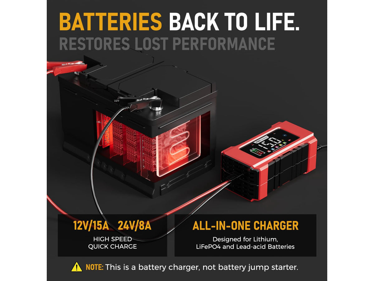 15-Amp 12V/24V Smart Battery Charger, Maintainer & Trickle Charger for LiFePO4, Lead Acid Batteries - Fully Automatic 9-Stage Charging w/Temp Compensation for Motorcycle Car Truck Lawnmower Boat