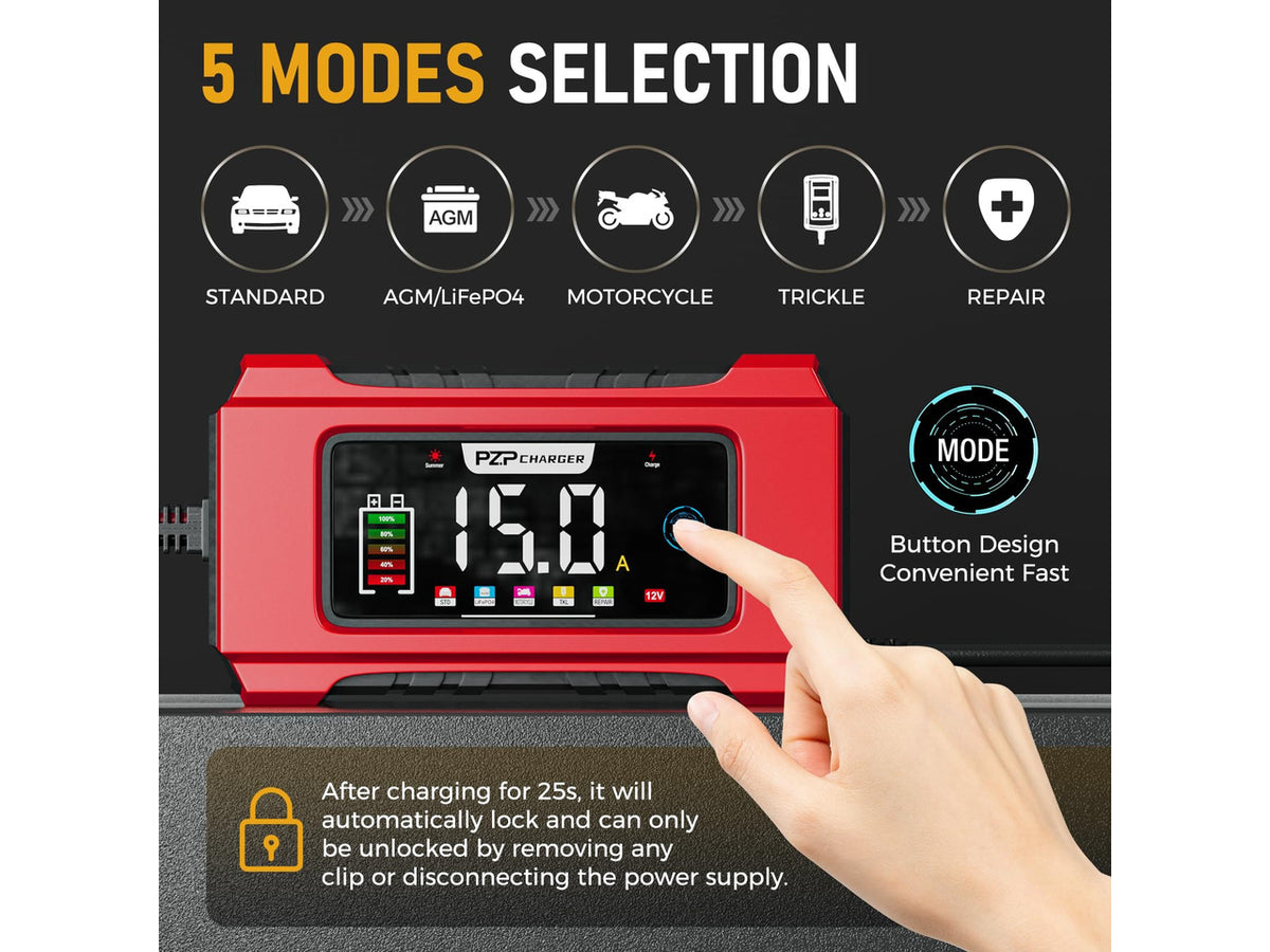 15-Amp 12V/24V Smart Battery Charger, Maintainer & Trickle Charger for LiFePO4, Lead Acid Batteries - Fully Automatic 9-Stage Charging w/Temp Compensation for Motorcycle Car Truck Lawnmower Boat