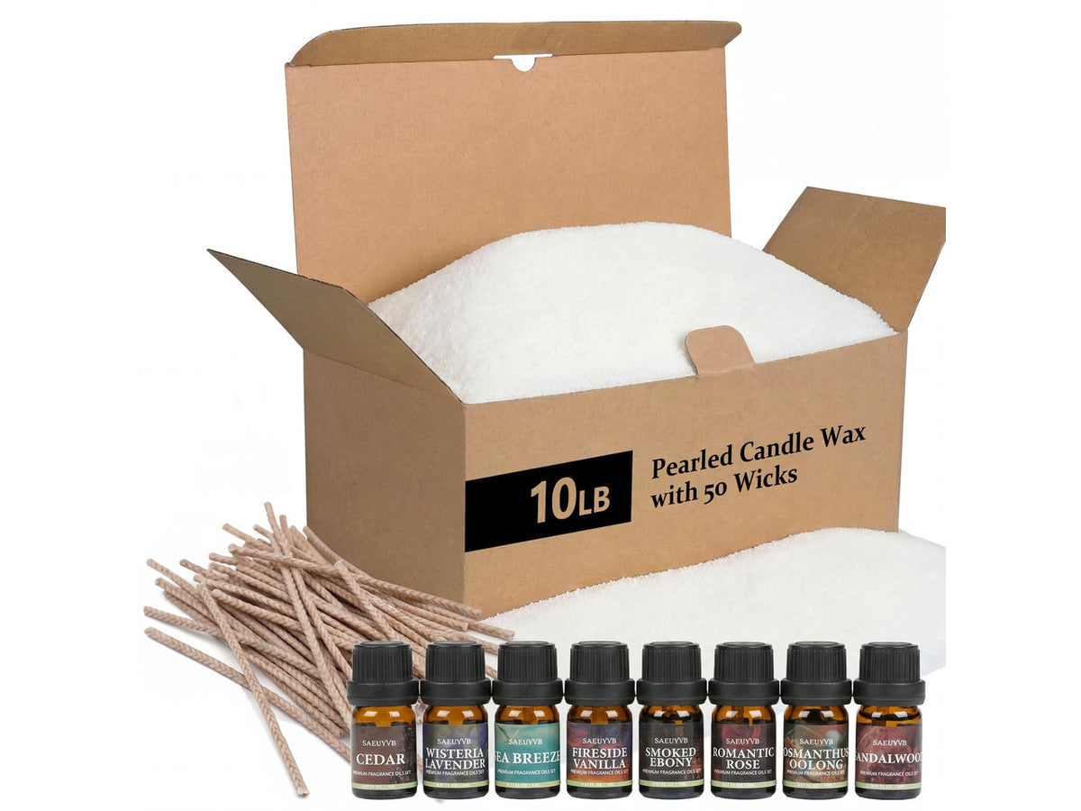 SAEUYVB 10 lbs White Natural Pearled Candle Sand Kit | Refillable DIY Candle Making Kit with 8 Scents,50 Wicks,Ideal DIY Craft Gift Decoration for Birthdays, Christmas,Weddings