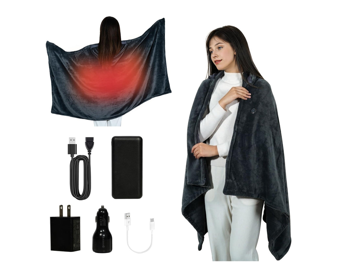 Cordless Heated Blanket Battery Powered; USB Wearable Portable Heated Throw Blanket with Hood, 20000 mAh Battery, 9 Heating Zone, 3-Level; Portable Heated Shawl Cordless; CampingMulticolor