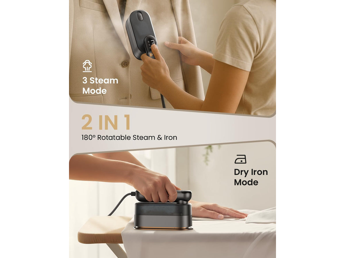 2-in-1 Handheld Steamer Iron for Clothes, 1000W, 9s Fast Heat-Up, 120V | Travel Steamer with Ceramic Soleplate, Leak-Proof 170mL Tank, Self-Clean, Portable Wrinkle Remover for Home & Travel, Black