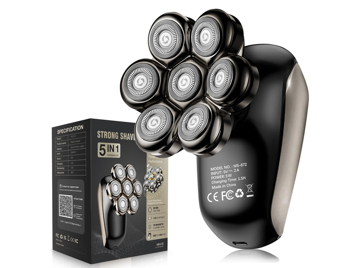5-in-1 Electric Razor with 7D Floating Blades - IPX7 Waterproof Grooming Kit, Detachable Magnetic Head, 90-Min Wet Dry