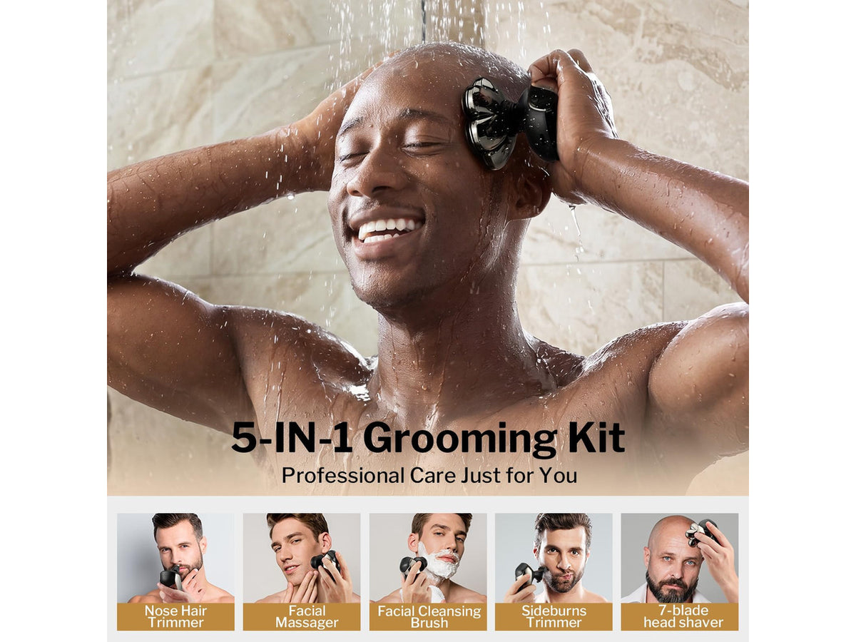 5-in-1 Electric Razor with 7D Floating Blades - IPX7 Waterproof Grooming Kit, Detachable Magnetic Head, 90-Min Wet Dry