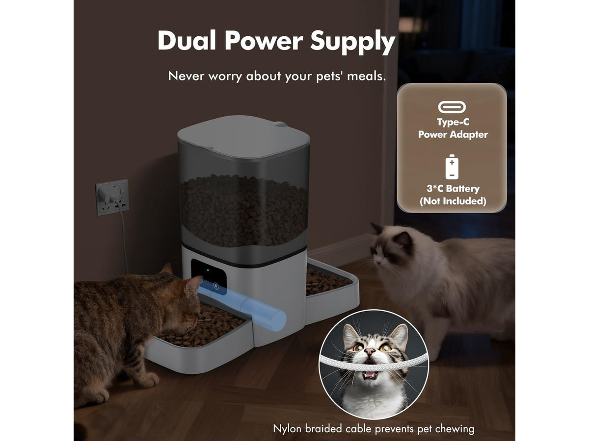 6L Automatic Cat Feeder for 2 Cats, APP Control, Precise Portion Control | Timed Dry Food Dispenser with 2 Stainless Steel Bowls, 2.4G WIFI Connection, Dual Power Supply, 10s Voice Recorder