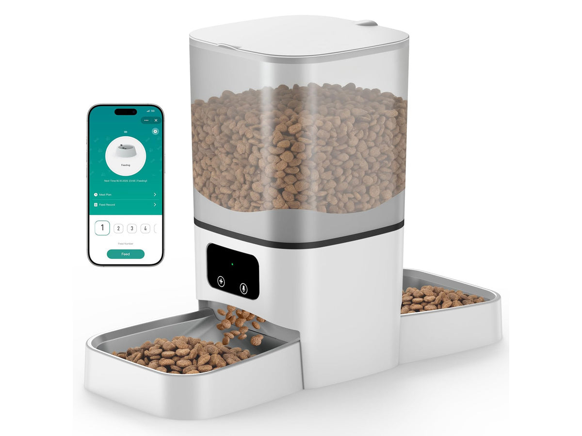 6L Automatic Cat Feeder for 2 Cats, APP Control, Precise Portion Control | Timed Dry Food Dispenser with 2 Stainless Steel Bowls, 2.4G WIFI Connection, Dual Power Supply, 10s Voice Recorder
