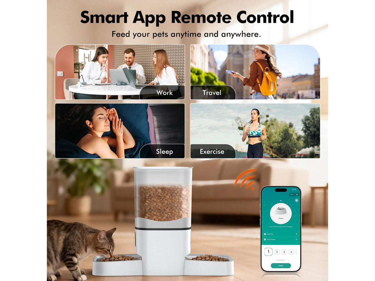 6L Automatic Cat Feeder for 2 Cats, APP Control, Precise Portion Control | Timed Dry Food Dispenser with 2 Stainless Steel Bowls, 2.4G WIFI Connection, Dual Power Supply, 10s Voice Recorder
