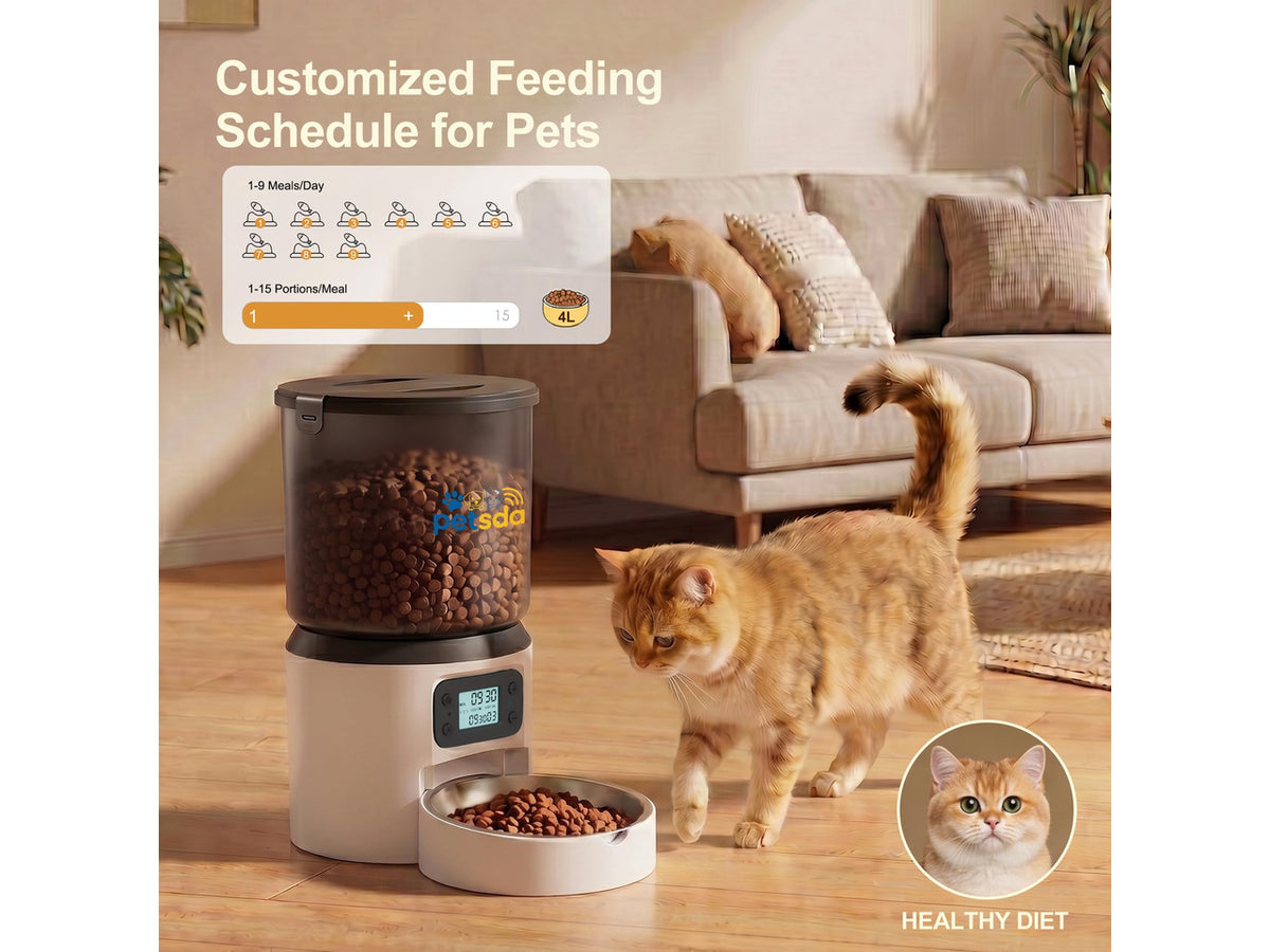 Automatic Cat Feeder 4L Timed Cat Dry Food Dispenser Auto Pet Feeder Portion Control up to 9 Meals/Day for Cats and Small Dogs Dual Power Supply, with Stainless Bowl Fresh Food, Easy Clean