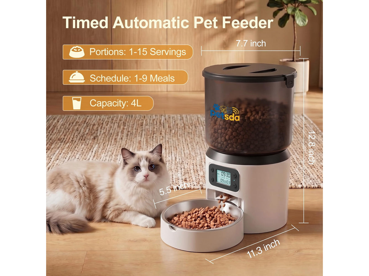 Automatic Cat Feeder 4L Timed Cat Dry Food Dispenser Auto Pet Feeder Portion Control up to 9 Meals/Day for Cats and Small Dogs Dual Power Supply, with Stainless Bowl Fresh Food, Easy Clean