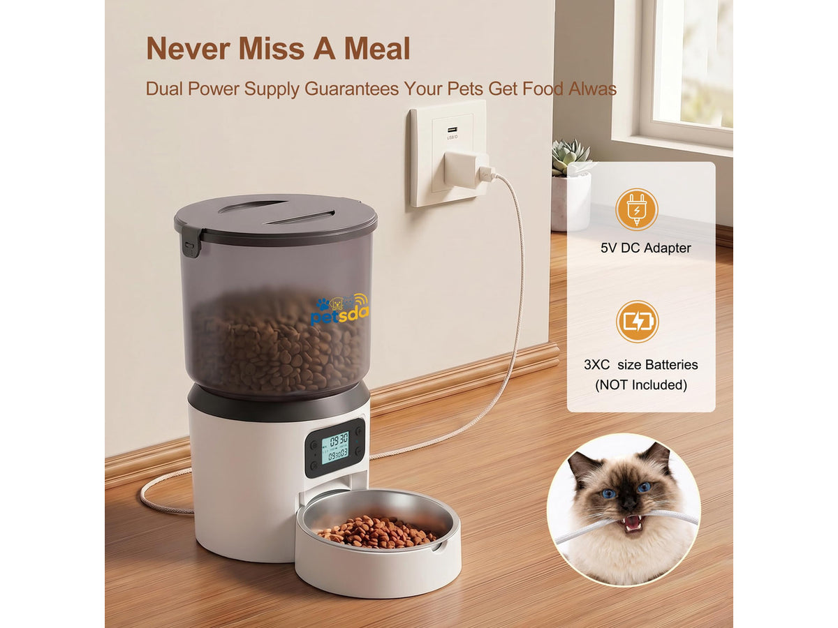 Automatic Cat Feeder 4L Timed Cat Dry Food Dispenser Auto Pet Feeder Portion Control up to 9 Meals/Day for Cats and Small Dogs Dual Power Supply, with Stainless Bowl Fresh Food, Easy Clean