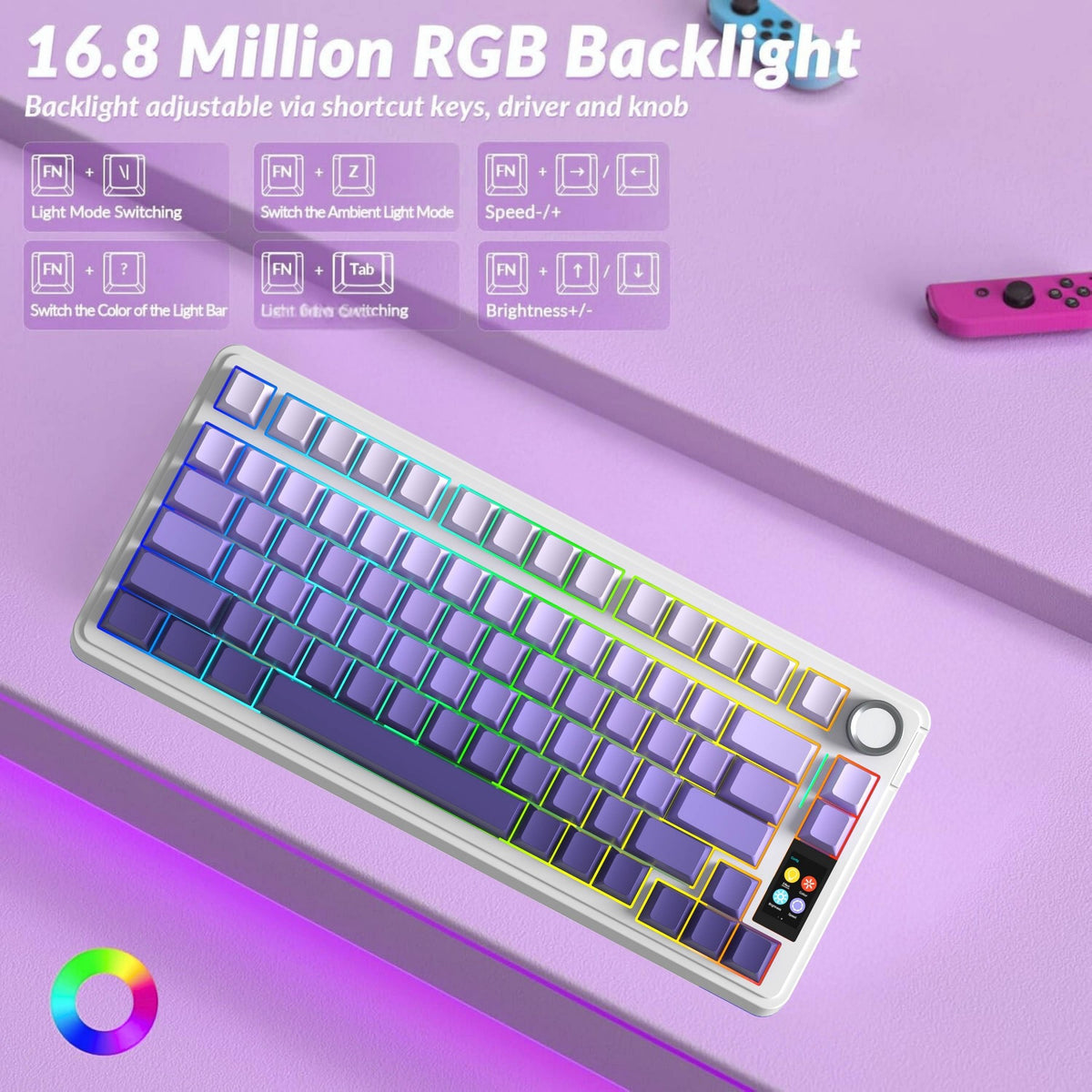 AULA S75Pro 75% Wireless Mechanical Gaming Keyboard TFT Screen Tri Connect Creamy HotSwap RGB - Purple