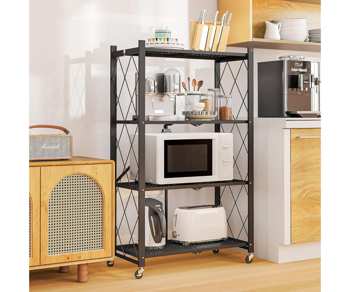 SUGIFT 4 Tier Foldable Metal Storage Shelves with Wheels, Garage Shelving Rack, No Assembly