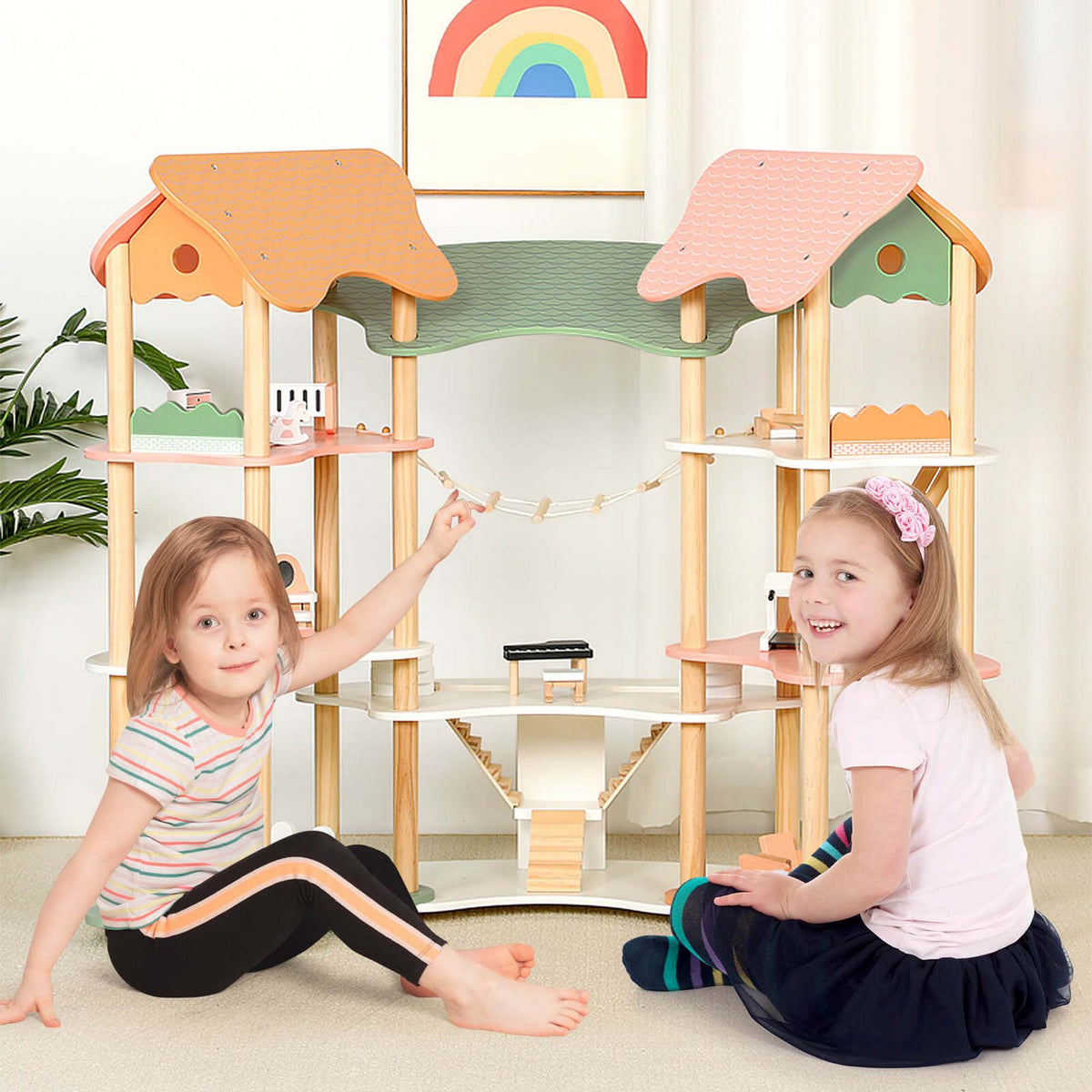 Costway Kids Wooden Dollhouse Aged 3-8 Years Old with 32PCS Realistic Furniture Accessories