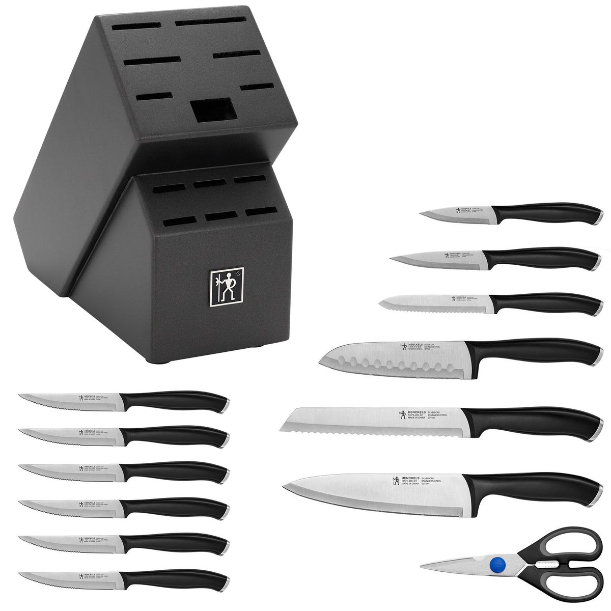 Henckels Silvercap 14 Piece Knife Set with Block, Chef Knife, Paring Knife, Utility Knife, Bread Knife, Steak Knife, Black, Stainless Steel