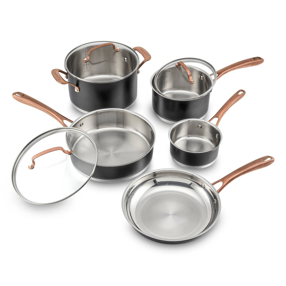 Cuisinart 8pc Classic Matte Stainless Steel Cookware Set Black Blush Bronze Handles: Dishwasher-Safe, Tempered Glass Lids