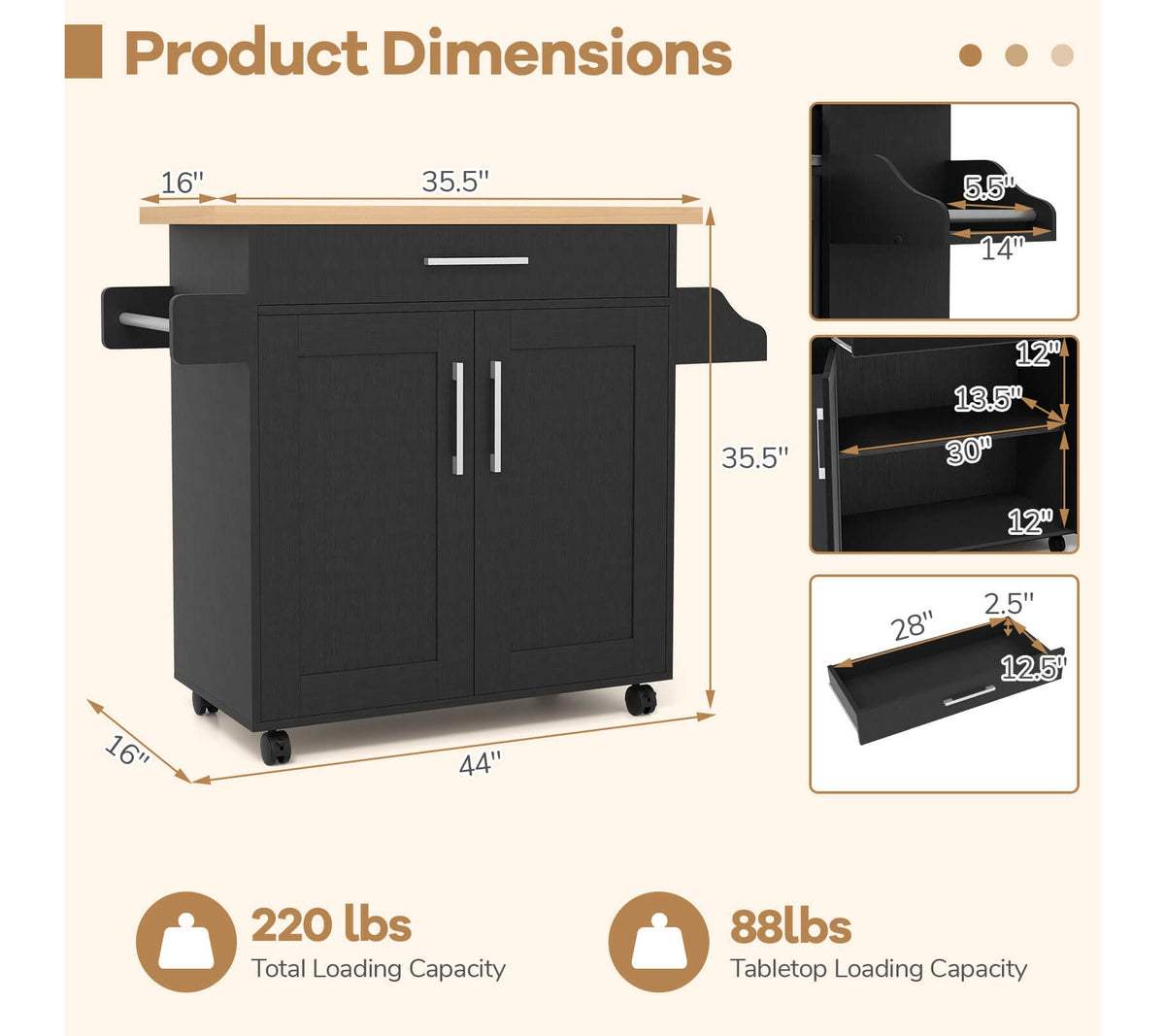 Costway 44" Rolling Kitchen Cart with Drawer Adjustable Shelf Spice Rack Towel Holder Black