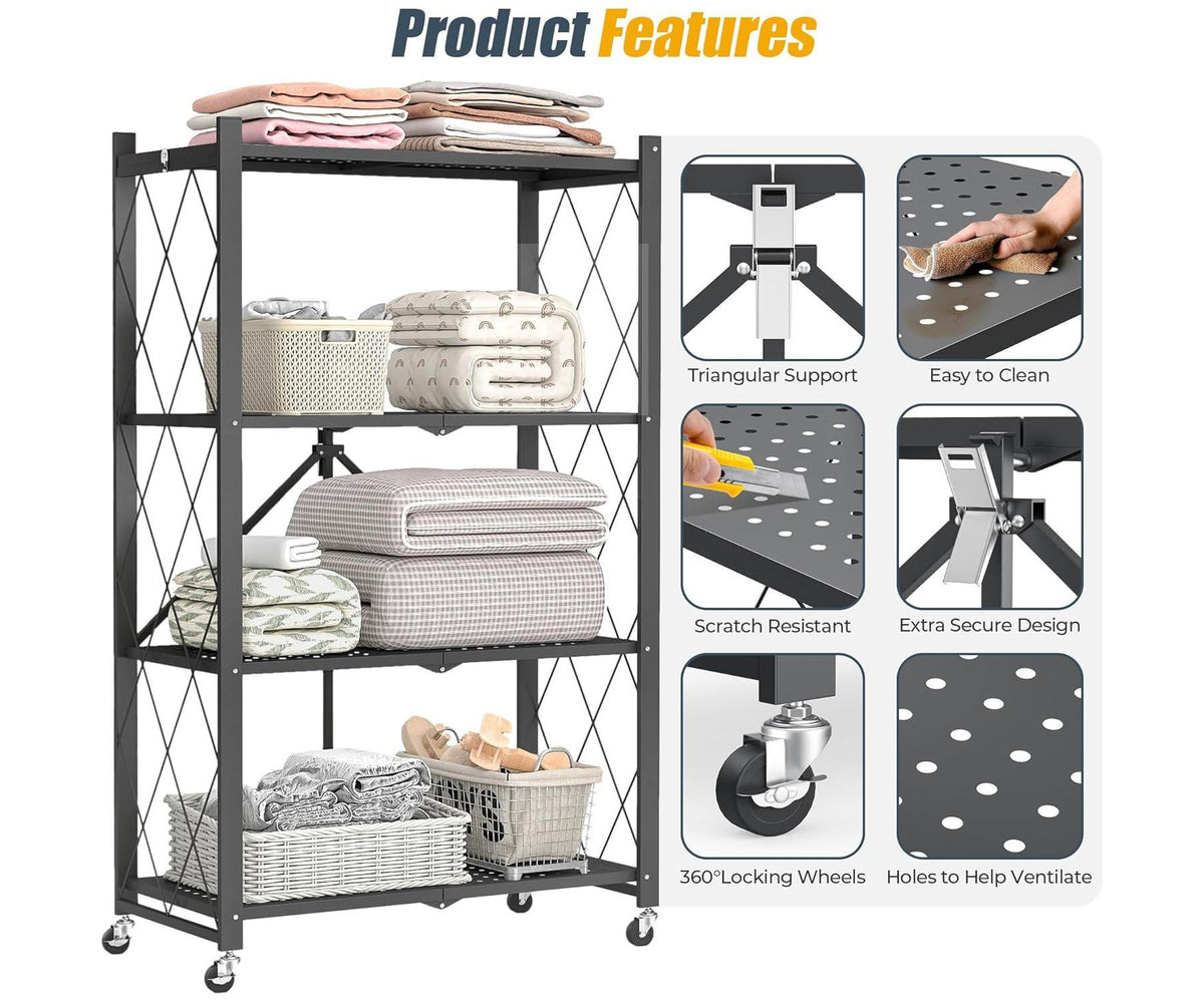 SUGIFT 4 Tier Foldable Metal Storage Shelves with Wheels, Garage Shelving Rack, No Assembly