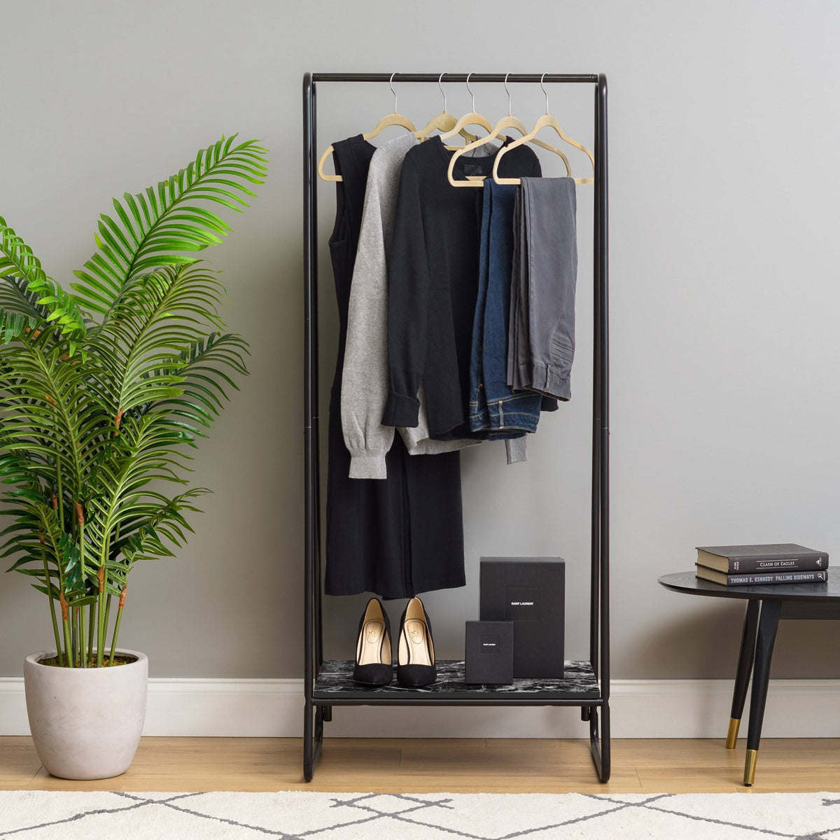 IRIS Metal Garment Rack with 1 Wooden Shelf Marble Black: Wardrobe & Closet Organizer, No Assembly, 44 lb Capacity