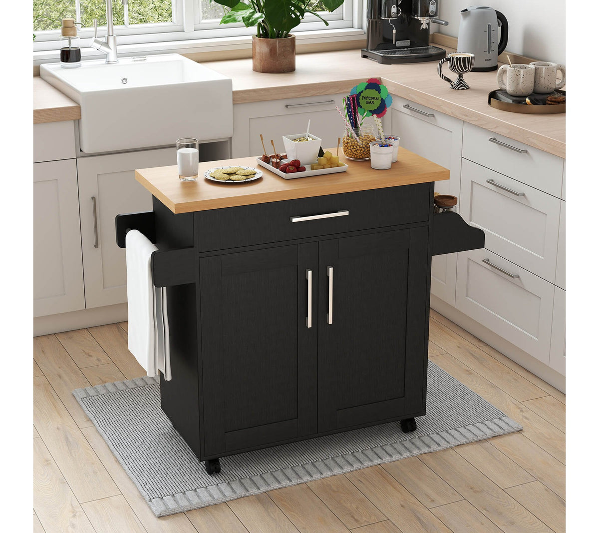 Costway 44" Rolling Kitchen Cart with Drawer Adjustable Shelf Spice Rack Towel Holder Black
